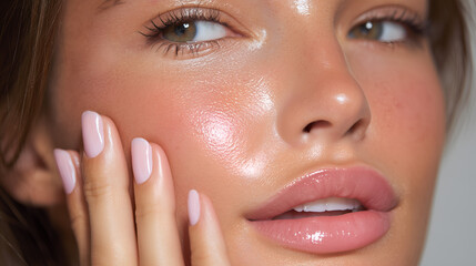 Close-up of a person's radiant face showcasing healthy, glowing skin, soft pink nails and natural beauty