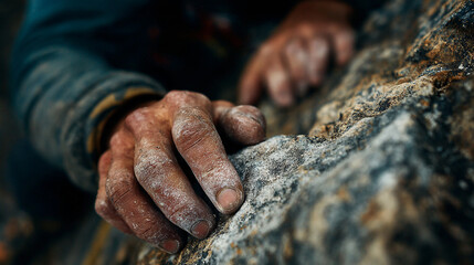 Extreme Rock Climbing Adventure: Climber's Close-Up with Hand Grip on Rugged Terrain and Chalk Dust in Nature