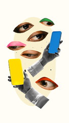 Stylized collage. Eyes with colorful eyelids staring at smartphone screens held in grayscale hands...