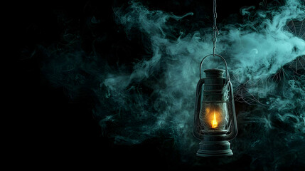 Fototapeta premium Antique Lantern With Glowing Flame In Dark Teal Smoke