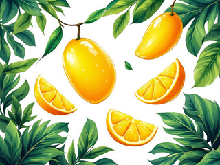 A vibrant illustration of whole and sliced mangoes surrounded by lush green leaves on black background