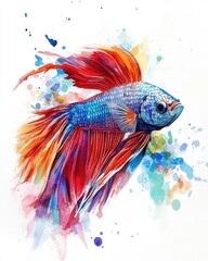 Obraz premium A vibrant watercolor painting of a betta fish, its fins flowing in a dynamic splash of color.