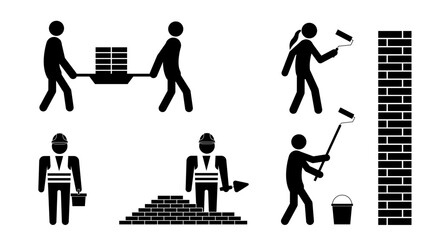 Set of stick figures, construction and repair, flat vector illustration.