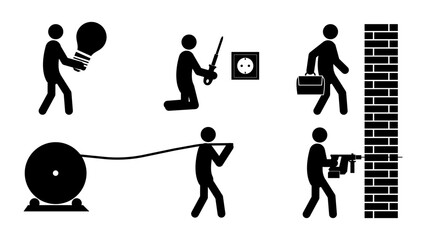 Set of stick figures, electrical work and installation, flat vector illustration.