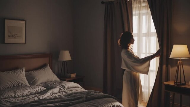 Woman wearing bathrobe gently opening curtains, letting morning light fill peaceful bedroom while gazing thoughtfully out window and experiencing calm start of day