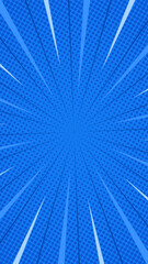 Bright blue halftone comic vertical background with fast lines around. Vector illustration. Suitable for comics, prints, posters, etc.