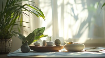 Zen spa stones and oil in sunlight indoor scene with shadows wellness natural relaxation decor concept