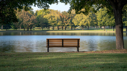 Obraz premium Empty Park Bench By Calm Lake With Autumn Trees
