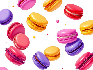 Colorful macarons floating on a black background with small dots scattered around the desserts sweets