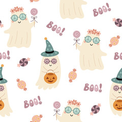 Retro Halloween seamless pattern. Groovy ghost pattern. Adorable Halloween hand drawn vector pattern in flat style