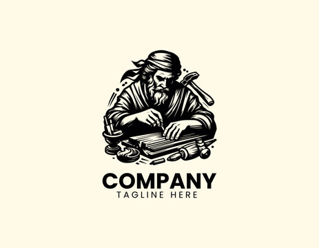 Skilled Wood Carver Dedicatedly Crafting Wood with Traditional Tools Vector Logo Design