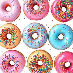 A grid of nine colorful donuts with various frostings and sprinkles on a black background pattern sweet treat