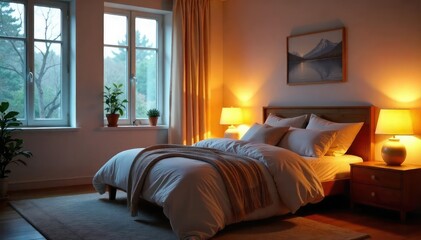 Serene bedroom scene featuring soft, warm ambient lighting perfect for unwinding and relaxation Dim lights create a cozy and peaceful atmosphere, ideal for bedtime or a quiet evening , shade, night