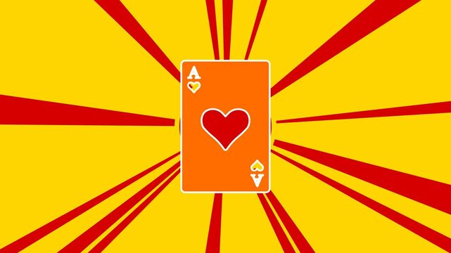 Ace of heart card on the background of animation from moving rays of the sun. Large orange symbol increases slightly. Seamless looped 4k animation on yellow background