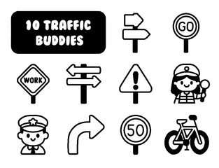 Traffic Buddies. Roads and Highways Icon collection. Perfect for logos, stats and infographics. Edit the thickness of the line in any vector capable app.
