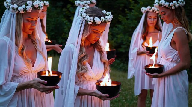 Women celebrating midsummer with candlelit ceremony in nature at dusk. Midsummer folklore festival. Magical Solstice ritual. Traditional slavic celebration.