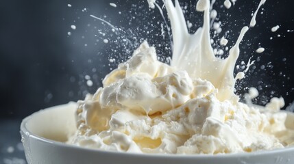 Splashing milk and cottage cheese in bowl frozen in motion with dramatic food photography light