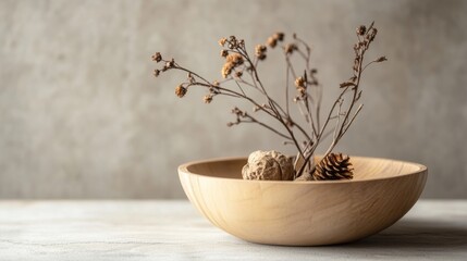 Natural wooden bowl with dried branches and pinecones on neutral backdrop earthy organic theme