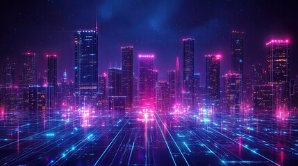 Futuristic cityscape with glowing neon lights illuminating the skyline and intricate grid patterns below