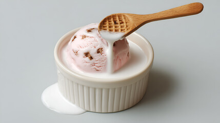 a delectable scoop of strawberry ice cream melts gracefully in a white bowl, with a wooden spoon