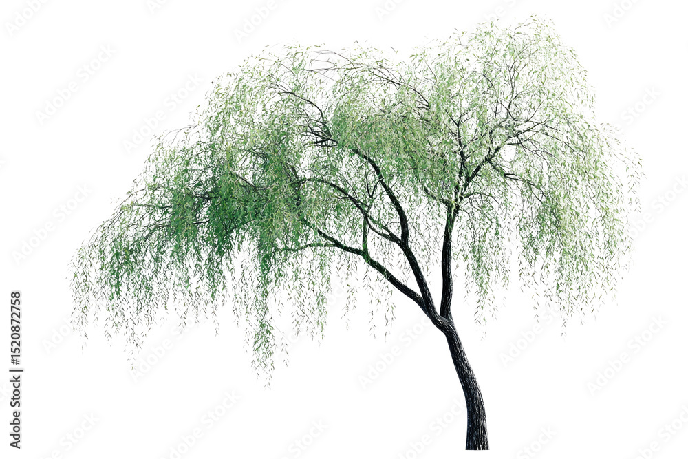 Poster weeping willow tree with long, cascading branches and leaves, isolated on transparent background bac