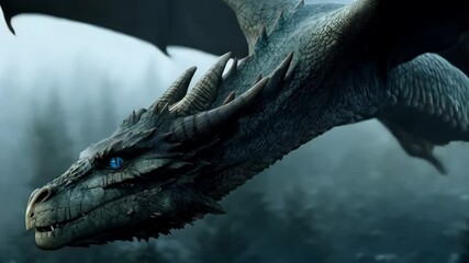 Close-up of a majestic dragon with detailed scales, sharp horns, and piercing blue eyes, flying over a misty, dense forest in a fantasy setting. - Powered by Adobe