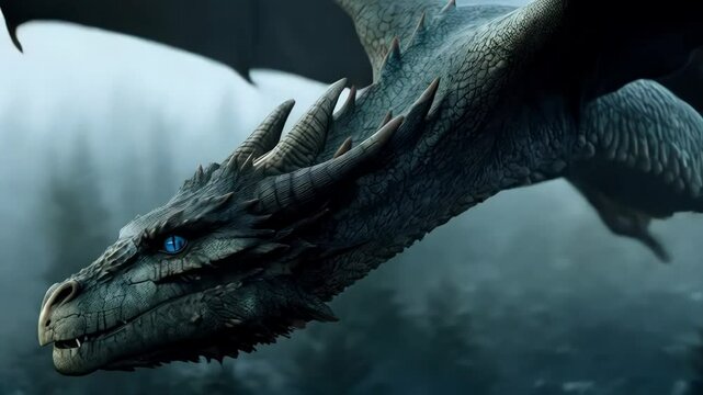 Close-up of a majestic dragon with detailed scales, sharp horns, and piercing blue eyes, flying over a misty, dense forest in a fantasy setting.