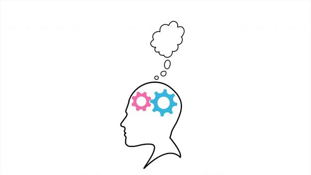 The rotation of gears inside a man's head. Animation of a person's thought process, the process of processing and analyzing information 