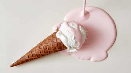 A Melting Ice Cream Cone with Pink Sauce Drizzling