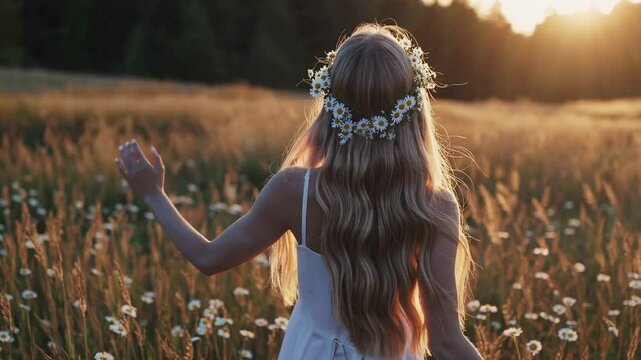 Woman in floral crown dancing in sunlit meadow at sunset. Midsummer folklore festival. Magical Solstice ritual. Traditional slavic celebration.