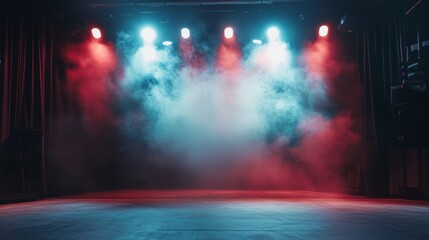 Theatrical stage with colored smoke lights in red and blue for performance concert mood lighting