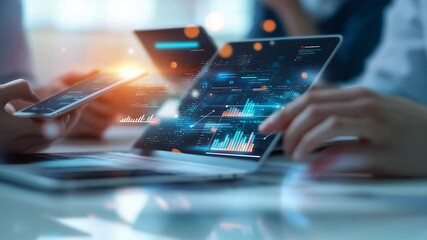 Diverse team collaborating using cutting-edge technology for business insights and analysis - Powered by Adobe