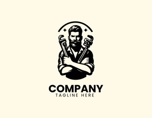 Skilled Professional Bearded Plumber Cross-Armed Wrench Holding Vector Logo Design