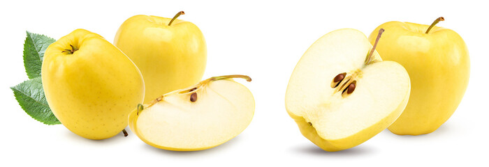yellow apples with green leaves isolated on white background. clipping path