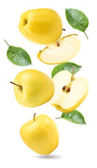 flying yellow apples with green leaf and slices isolated on a white background. clipping path