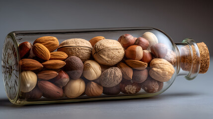 A diverse mix of nuts elegantly contained in a clear glass bottle, artfully arranged