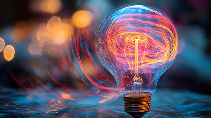 Creative light bulb with abstract colorful swirls representing ideas innovation and imagination