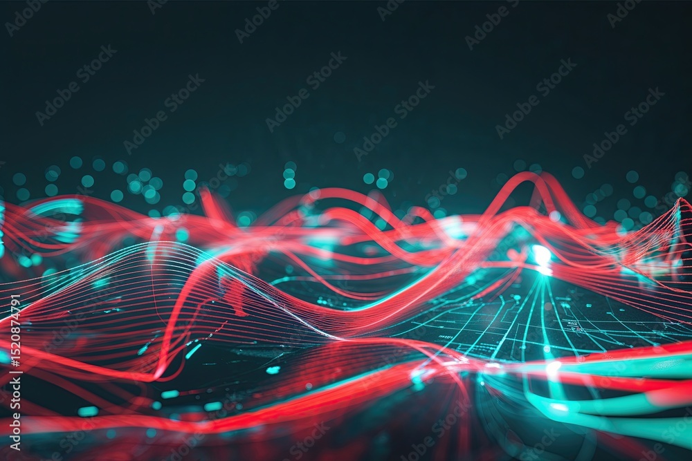 Poster animated holographic lines pulsating in rhythmic red and turquoise on a shadowy canvas exploring tec