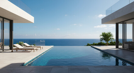 Fototapeta premium Modern oceanfront villa exterior with infinity pool and sun loungers. Empty patio area with stunning coastal views.