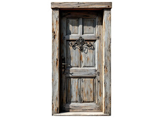 A weathered wooden door with decorative ironwork against a stark black background creating contrast
