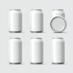 Mockup of six blank, white aluminum beverage cans, displayed in multiple angles, featuring a silver/grey metallic top edge; suitable for advertising beverage branding or product design.