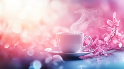 Fototapeta premium Pastel pink tea cup with steam and bokeh lights in dreamy romantic floral beverage scene setup composition