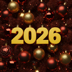 2026 New Year's Eve festive decoration with red and gold Christmas ornaments in a dark brown Christmas tree setting. Large, bold yellow numbers hanging among festive decorations.