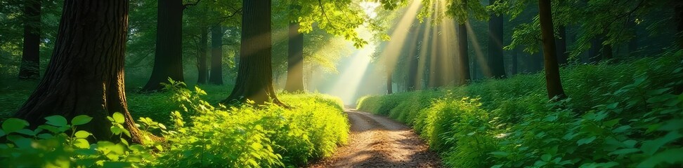 Fototapeta premium Sun-dappled forest path winding through lush greenery, dappled sunlight filtering through leaves, vibrant summer foliage Perfect for travel, nature, and environmental themes , flora, summer, tranquil