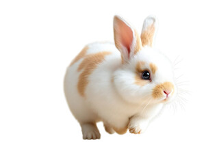 Close up shot of a fluffy white rabbit with light brown markings against a black background space