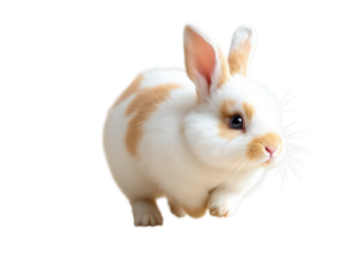 Close up shot of a fluffy white rabbit with light brown markings against a black background space