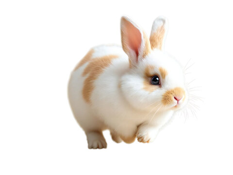 Close up shot of a fluffy white rabbit with light brown markings against a black background space