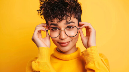 Confident woman smiling with hands on head, yellow background