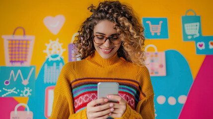 Curly-haired woman with smartphone against shopping icons