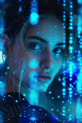 Cyberpunk portrait of a woman with digital code overlay